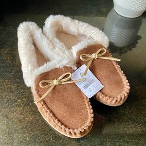J. Crew Brown Moccasin Slippers with Cream Lining